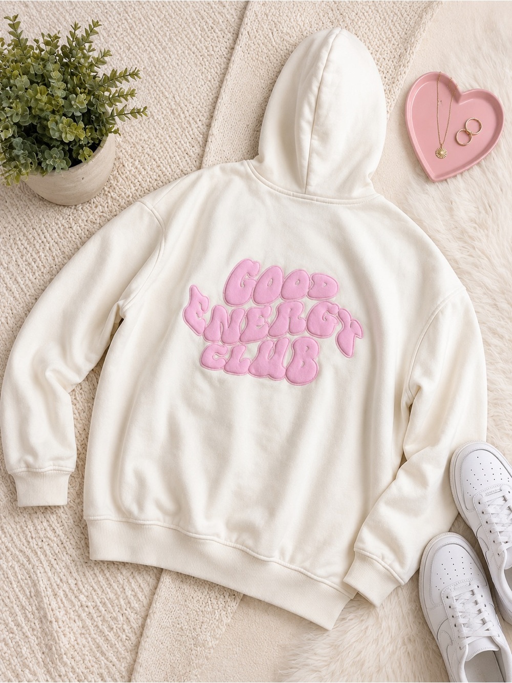 Cream Hoodie with Pink 'Good Energy Club' Patch - Manifest Offline Size Small